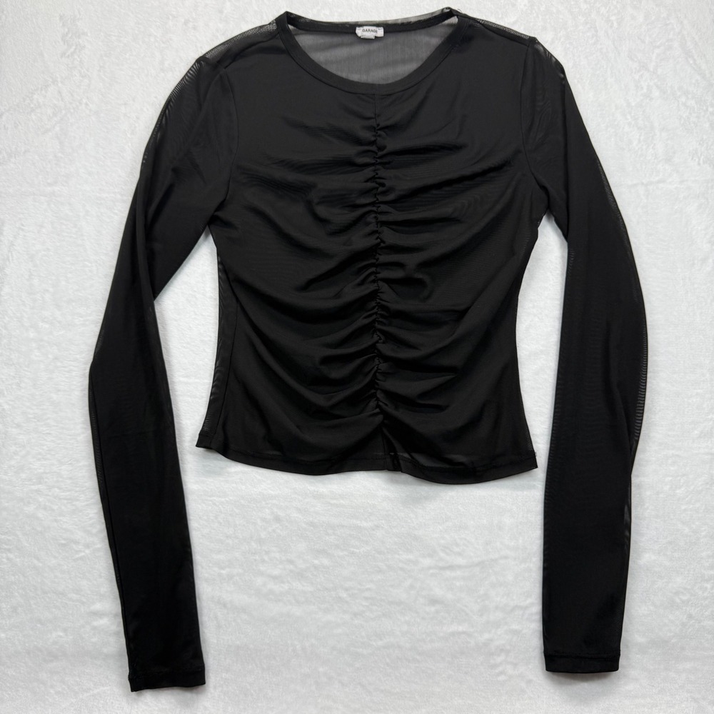Garage Mesh Top Ruched Long Sleeve See Through Black Blouse Large